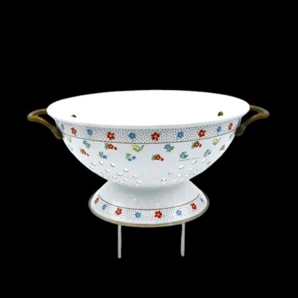 Vintage M. Kamenstein Inc. Colander White Enamel Floral Brass Handles - Picture 3 of 12